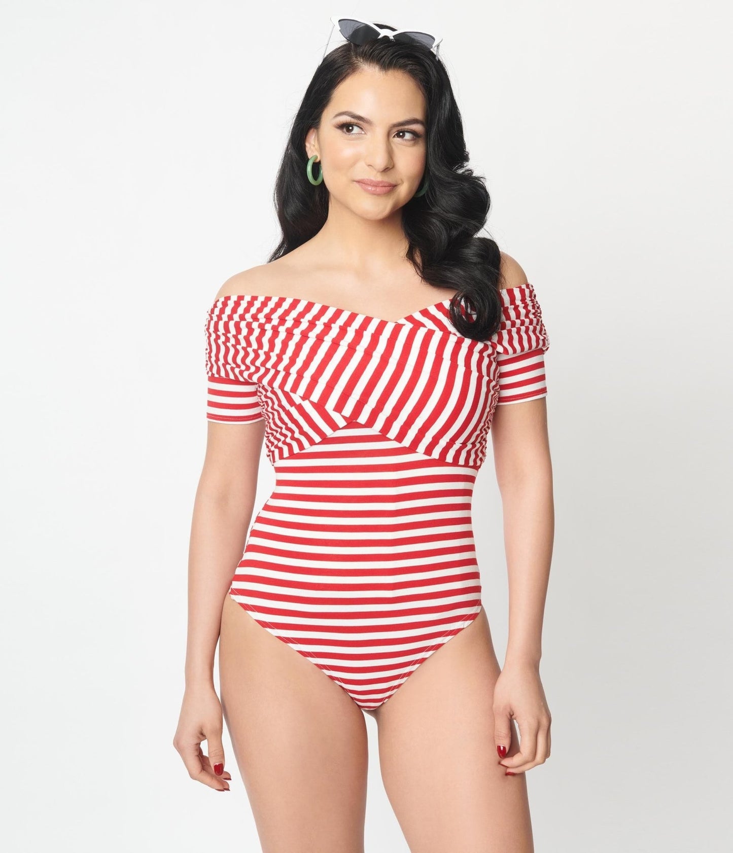 Retro & Vintage Unique Vintage Red & White Striped Off Shoulder