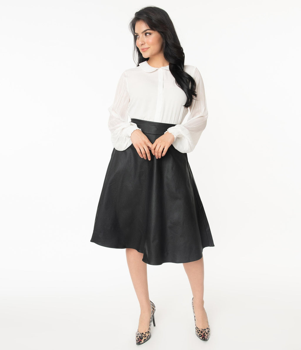Unique Vintage Retro Black Vegan Leather Vivien Swing Skirt - Unique Vintage - Womens, BOTTOMS, SKIRTS
