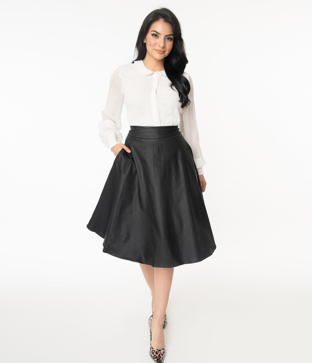 Unique Vintage Retro Black Vegan Leather Vivien Swing Skirt - Unique Vintage - Womens, BOTTOMS, SKIRTS