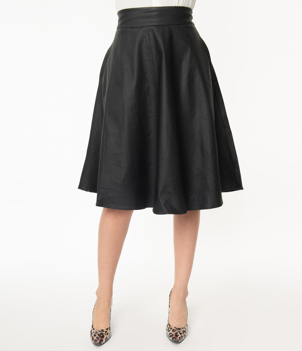 Unique Vintage Retro Black Vegan Leather Vivien Swing Skirt - Unique Vintage - Womens, BOTTOMS, SKIRTS