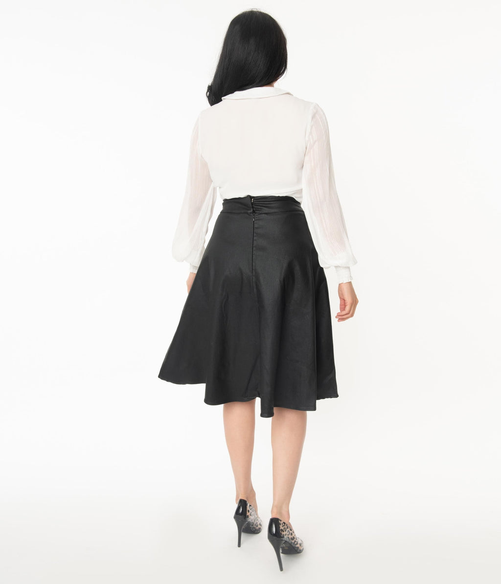 Unique Vintage Retro Black Vegan Leather Vivien Swing Skirt - Unique Vintage - Womens, BOTTOMS, SKIRTS