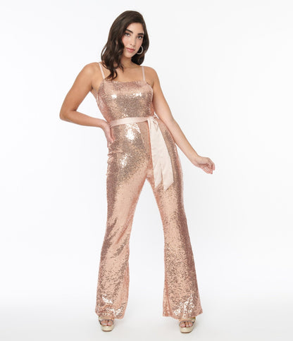 Unique Vintage Rose Gold Sequin Flare Jumpsuit - Unique Vintage - Womens, BOTTOMS, ROMPERS AND JUMPSUITS