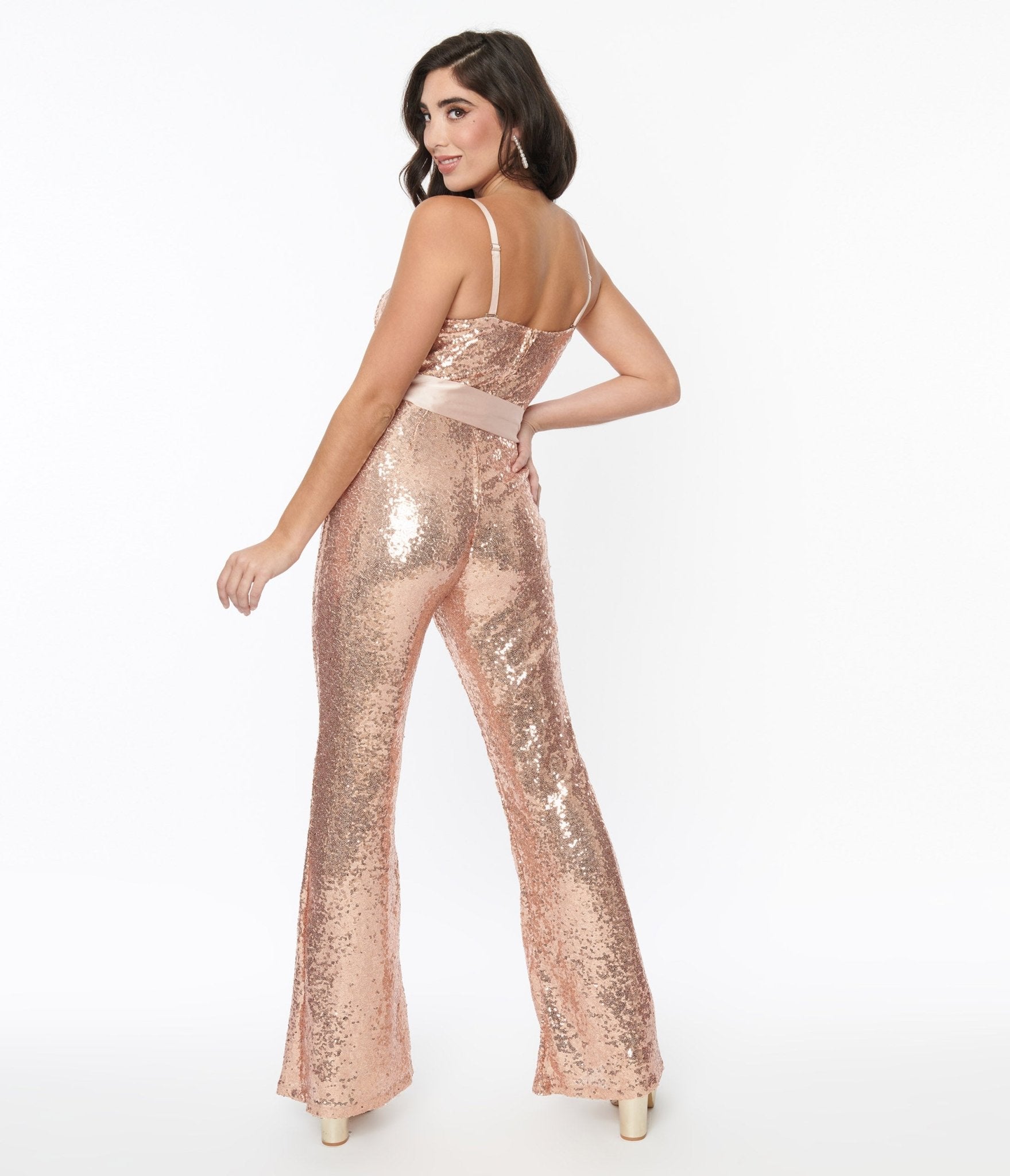 Unique Vintage Rose Gold Sequin Flare Jumpsuit - Unique Vintage - Womens, BOTTOMS, ROMPERS AND JUMPSUITS