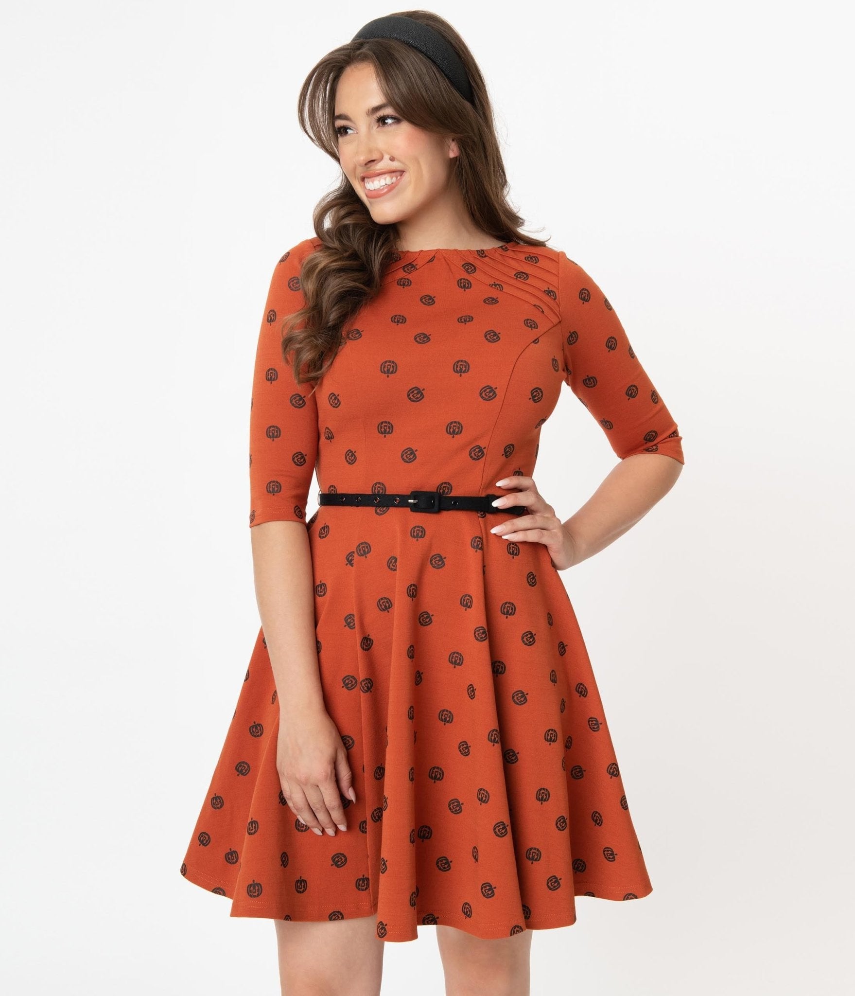 Unique Vintage Rust Black Pumpkin Patch Stephanie Flare Dress
