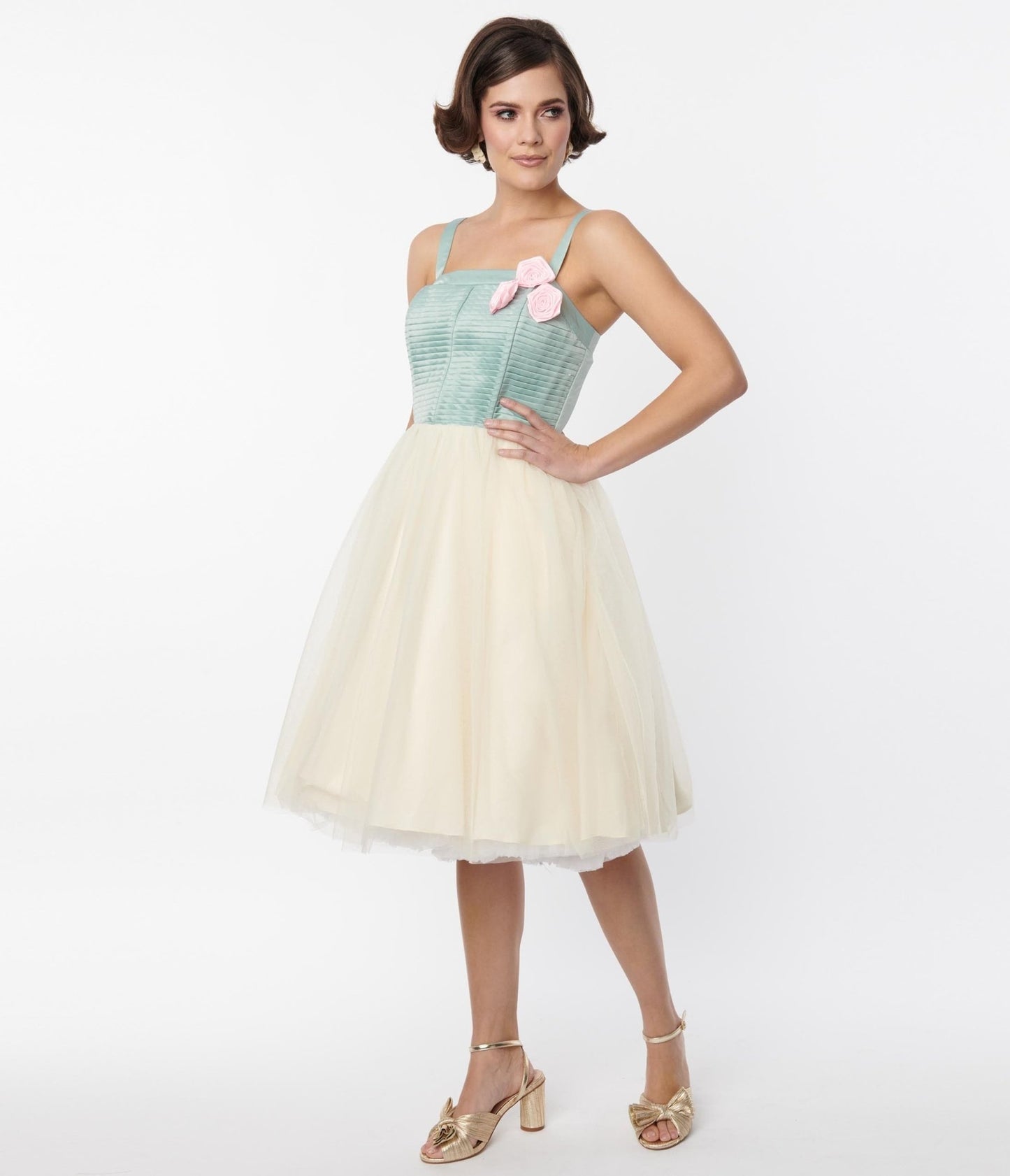 Unique Vintage Sage & Ivory Tulle Swing Dress - Unique Vintage - Womens, DRESSES, PROM AND SPECIAL OCCASION