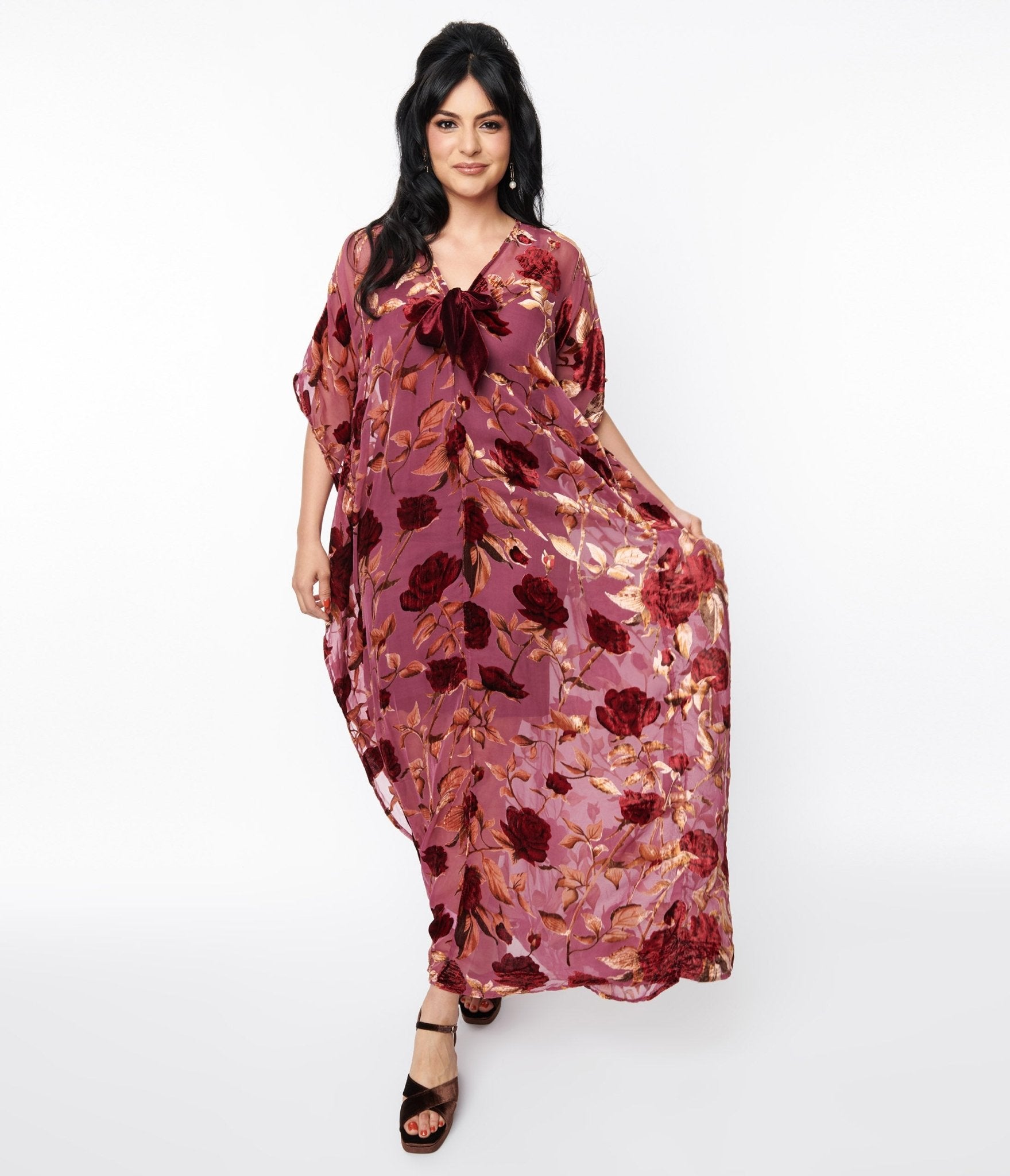 Unique Vintage Sheer Red Rose Velvet Burnout Bow Front Caftan - Unique Vintage - Womens, DRESSES, CAFTAN