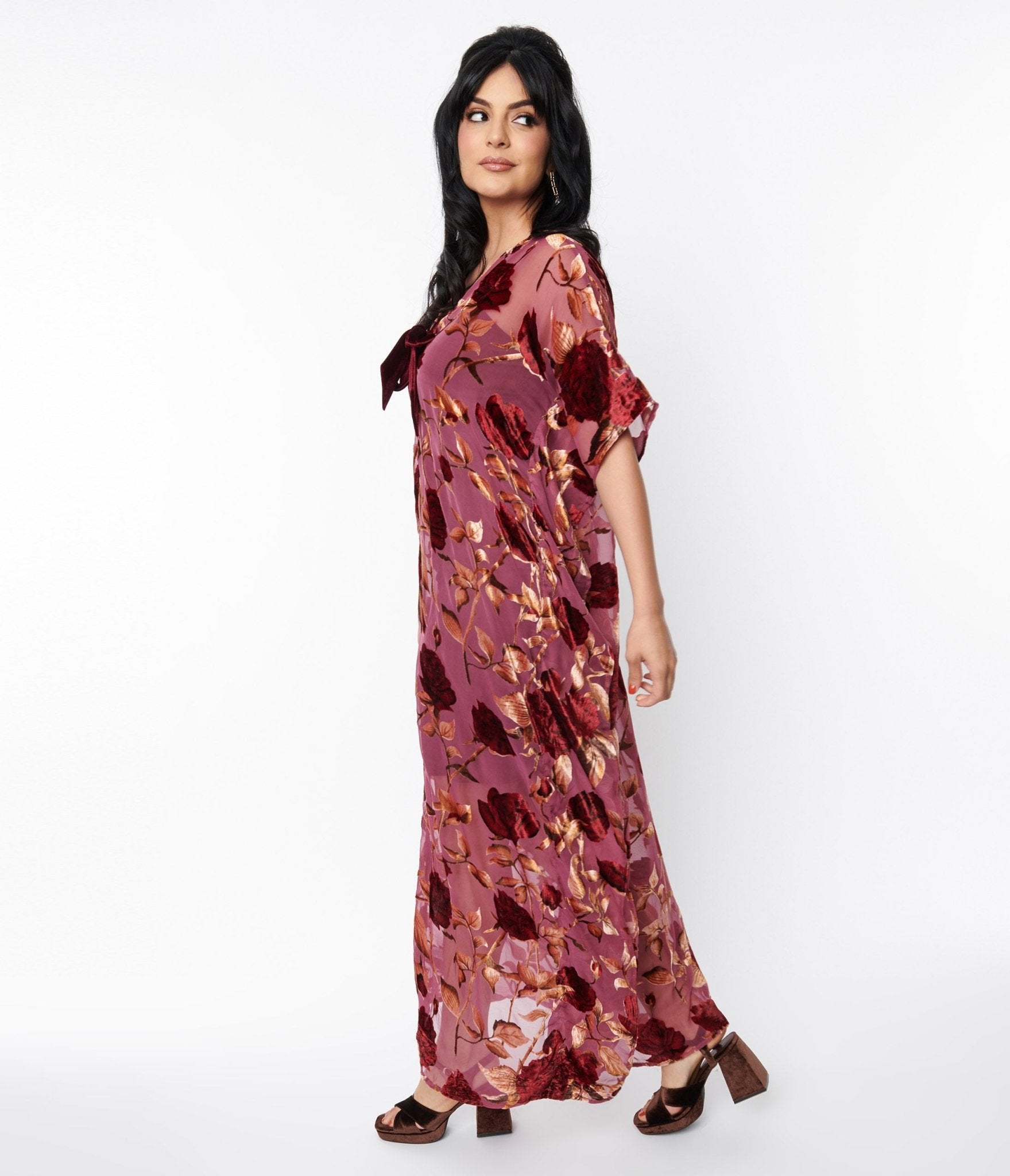 Unique Vintage Sheer Red Rose Velvet Burnout Bow Front Caftan - Unique Vintage - Womens, DRESSES, CAFTAN