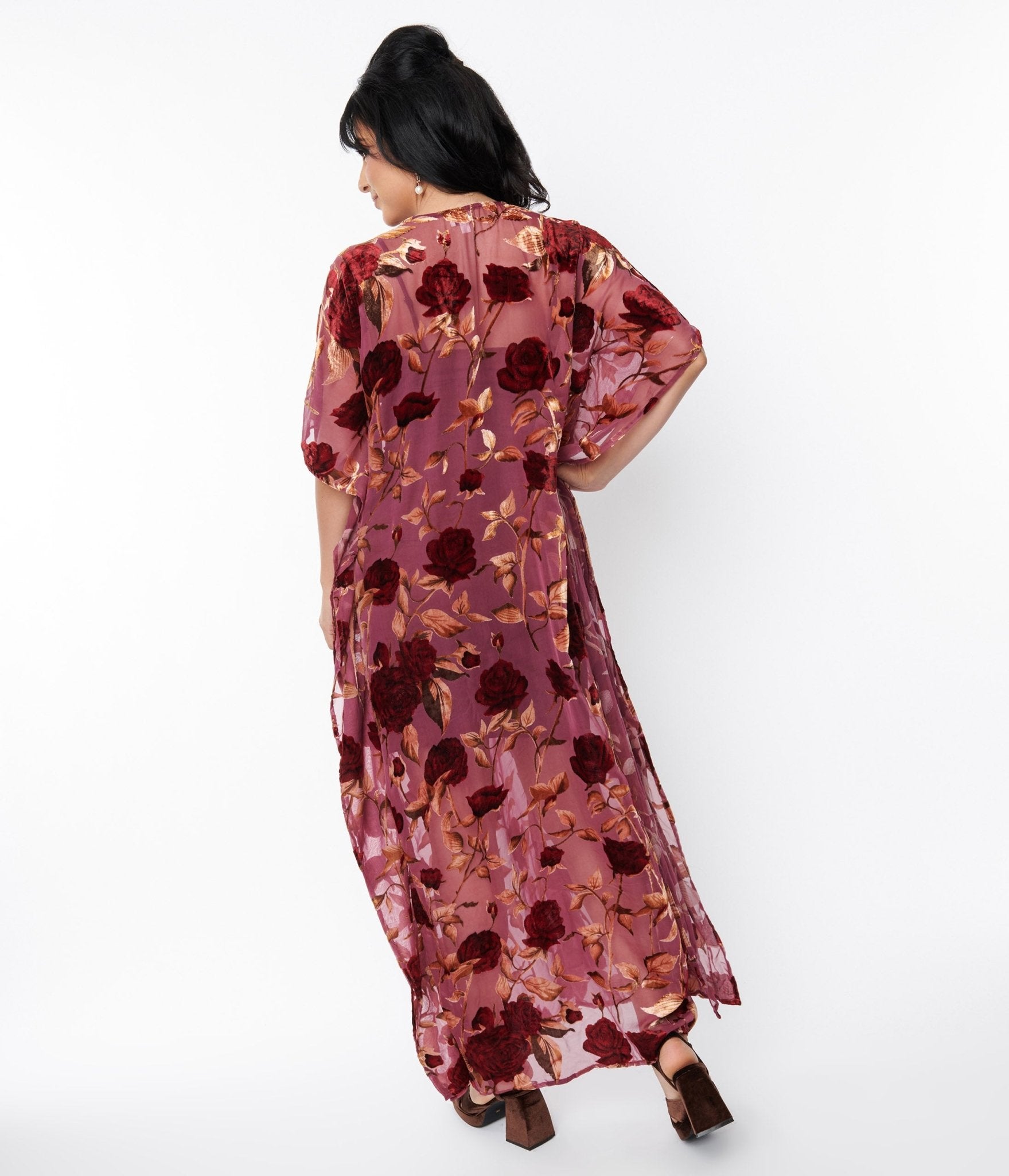 Unique Vintage Sheer Red Rose Velvet Burnout Bow Front Caftan - Unique Vintage - Womens, DRESSES, CAFTAN