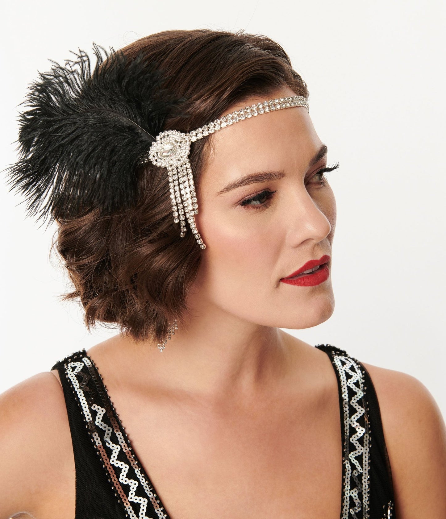 Unique Vintage Silver Rhinestone & Black Feather Flapper Headband - Unique Vintage - Womens, ACCESSORIES, FLAPPER