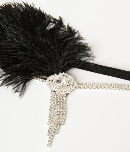 Unique Vintage Silver Rhinestone & Black Feather Flapper Headband - Unique Vintage - Womens, ACCESSORIES, FLAPPER