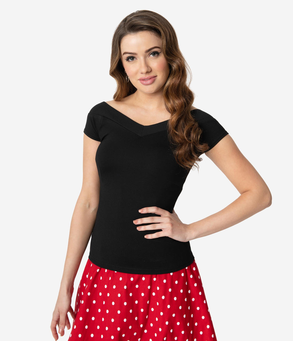 Unique Vintage Style Black Stretch Deena Top - Unique Vintage - Womens, TOPS, KNIT TOPS