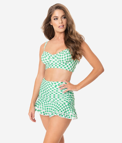 Unique Vintage Style Green & White Gingham Marlene Crop Swim Top - Unique Vintage - Womens, SWIM, TOP