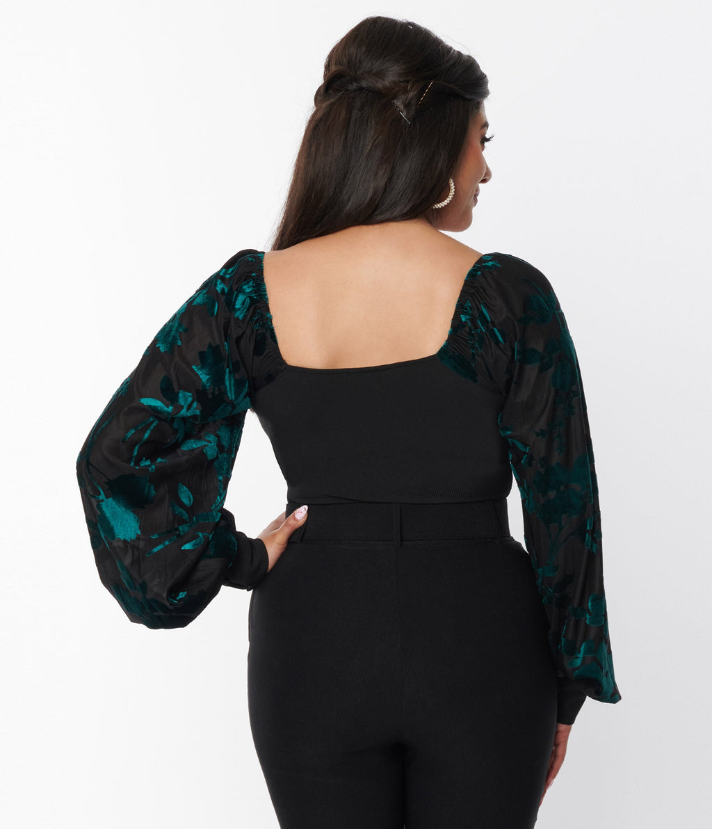 Unique Vintage Teal & Black Floral Velvet Burnout Bodysuit - Unique Vintage - Womens, TOPS, BODYSUITS