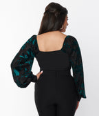 Unique Vintage Teal & Black Floral Velvet Burnout Bodysuit - Unique Vintage - Womens, TOPS, BODYSUITS