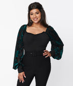 Unique Vintage Teal & Black Floral Velvet Burnout Bodysuit - Unique Vintage - Womens, TOPS, BODYSUITS