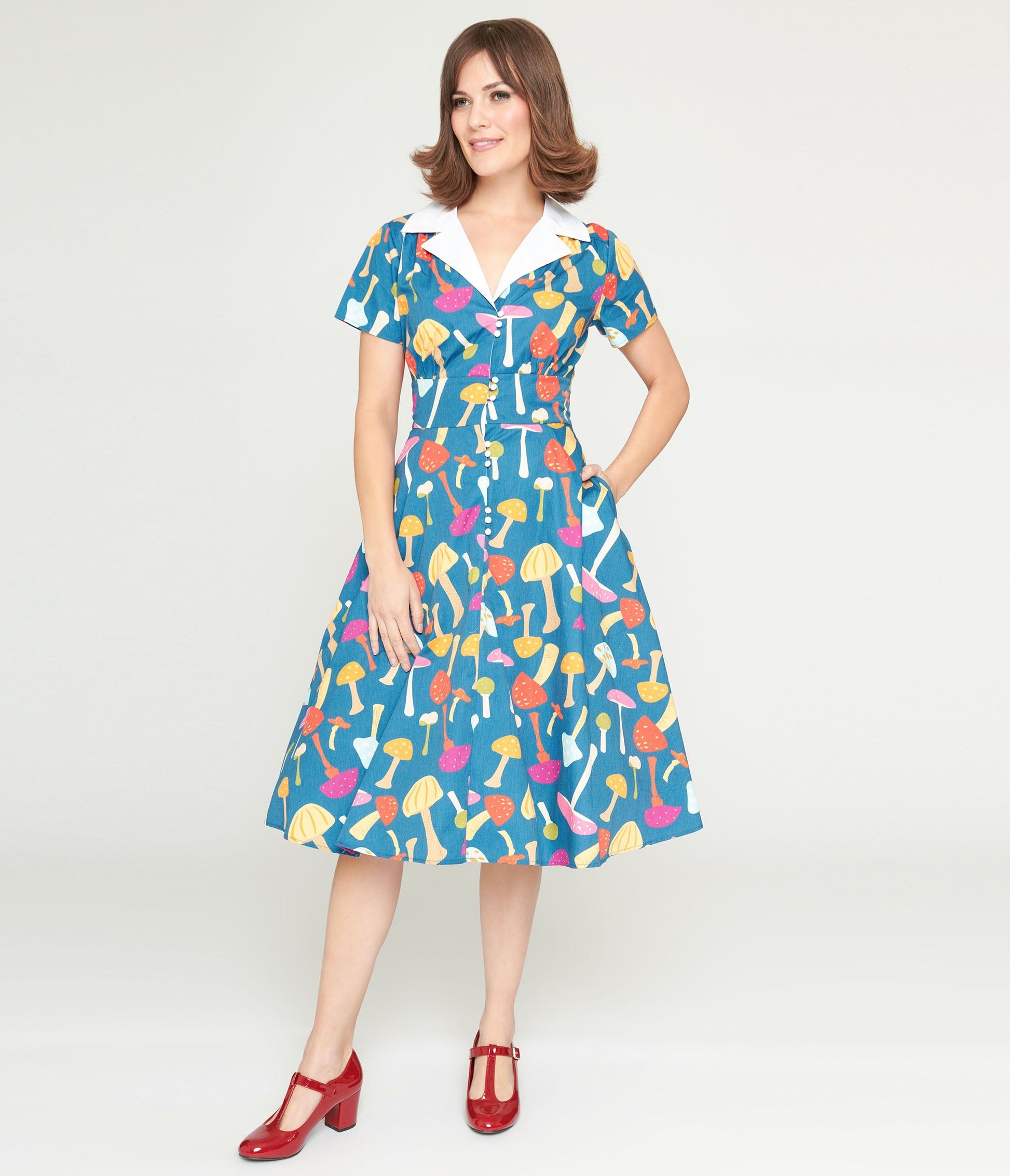 Unique Vintage Teal & Multicolor Mushroom Swing Dress - Unique Vintage - Womens, DRESSES, SWING