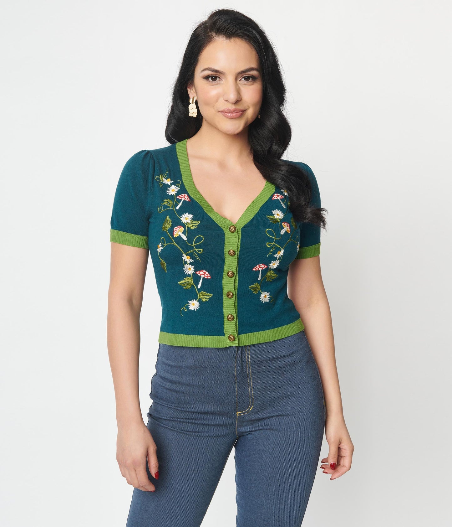 Unique Vintage Teal Mushroom & Daisy Embroidered Cardigan - Unique Vintage - Womens, TOPS, SWEATERS