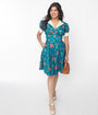 Unique Vintage 1940s Teal & Red Floral Chain Print Swing Dress