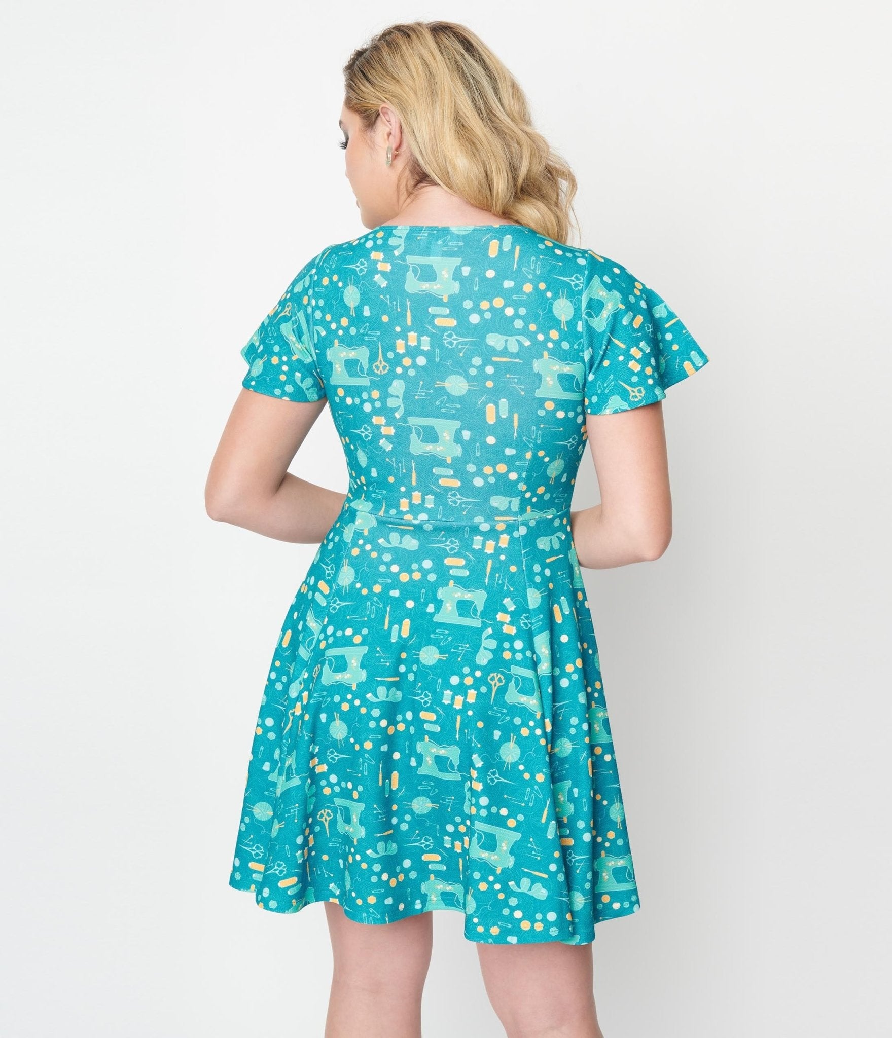 Unique Vintage Teal She's Crafty All Over Print Poppy Flare Dress - Unique Vintage - Womens, DRESSES, FIT AND FLARE