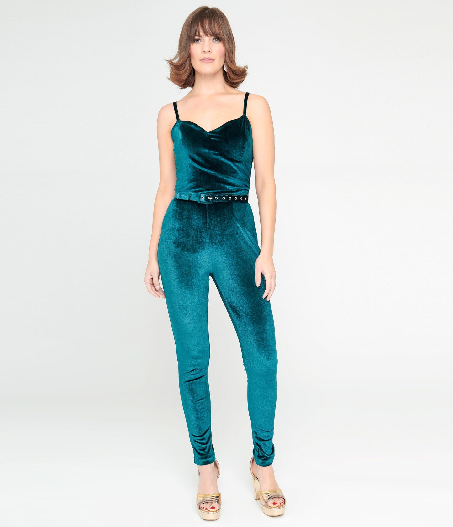 Unique Vintage Teal Velvet Jumpsuit - Unique Vintage - Womens, BOTTOMS, ROMPERS AND JUMPSUITS