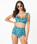 Unique Vintage Teal & White Floral Print Southampton Swim Top - Unique Vintage - Swim Tops