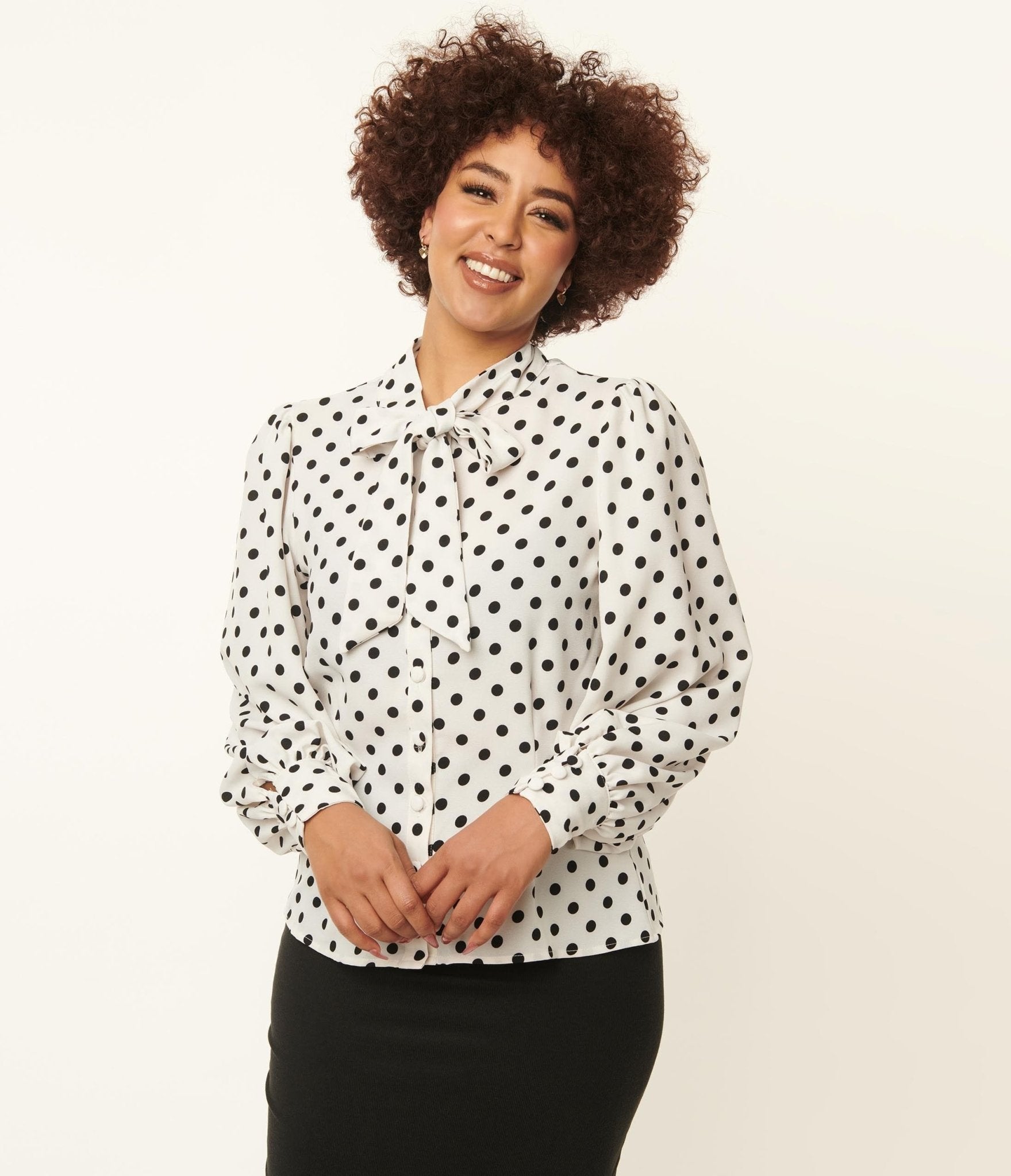 Unique Vintage White & Black Polka Dot Neck Tie Gwen Blouse - Unique Vintage - Womens, TOPS, WOVEN TOPS