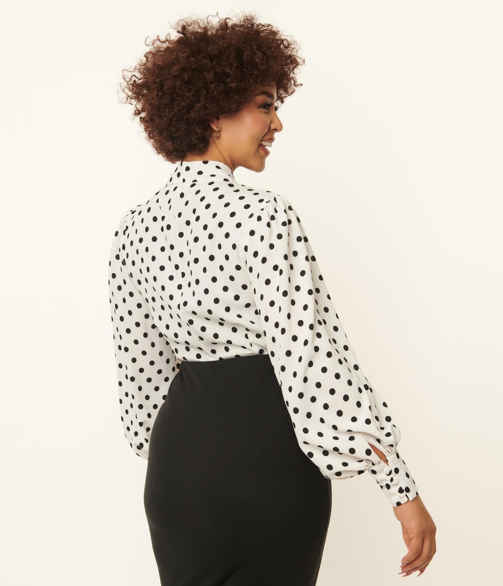Unique Vintage Gwen Tie Neck Black White Polka Dot Blouse