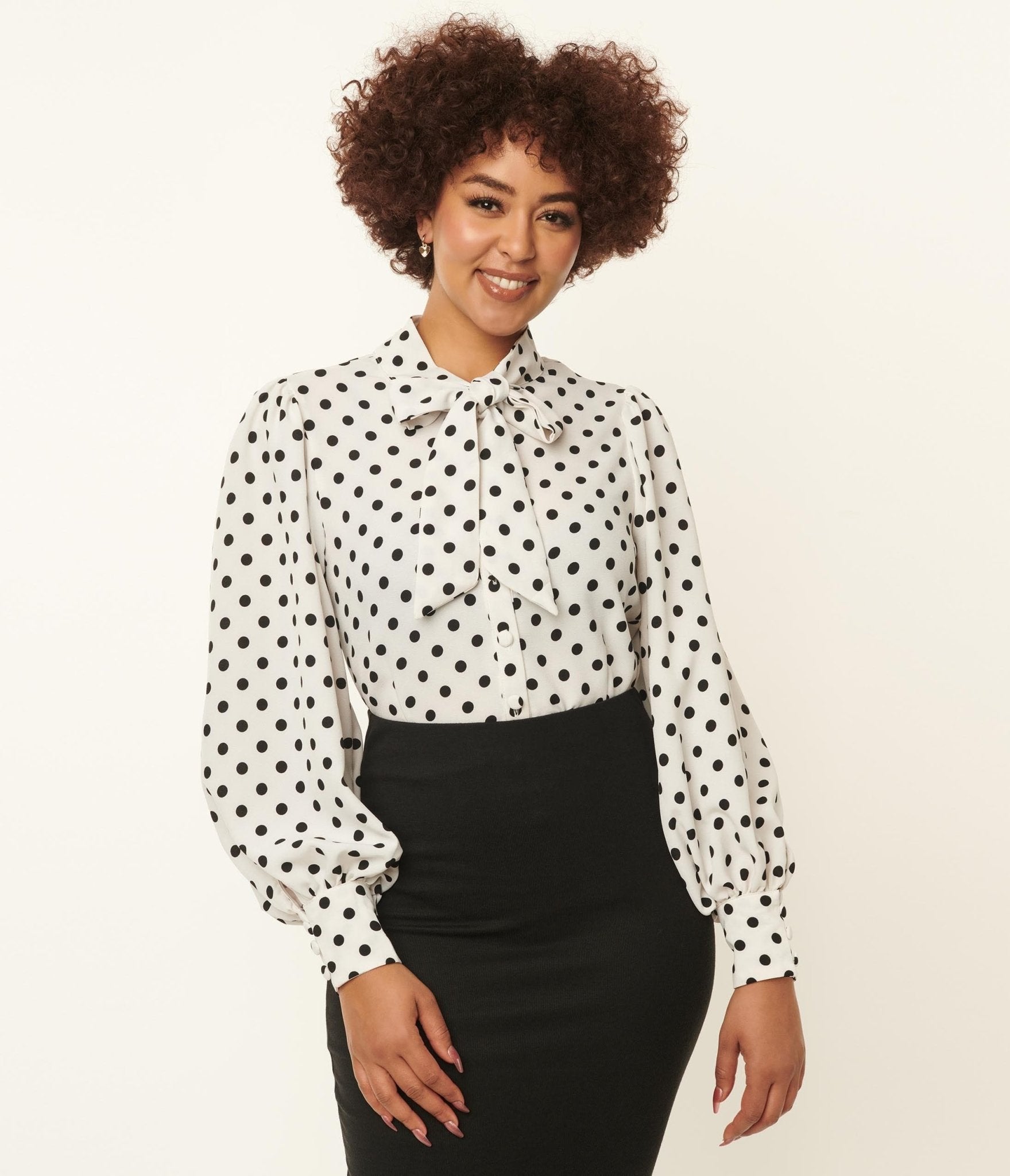 Unique Vintage White & Black Polka Dot Neck Tie Gwen Blouse - Unique Vintage - Womens, TOPS, WOVEN TOPS