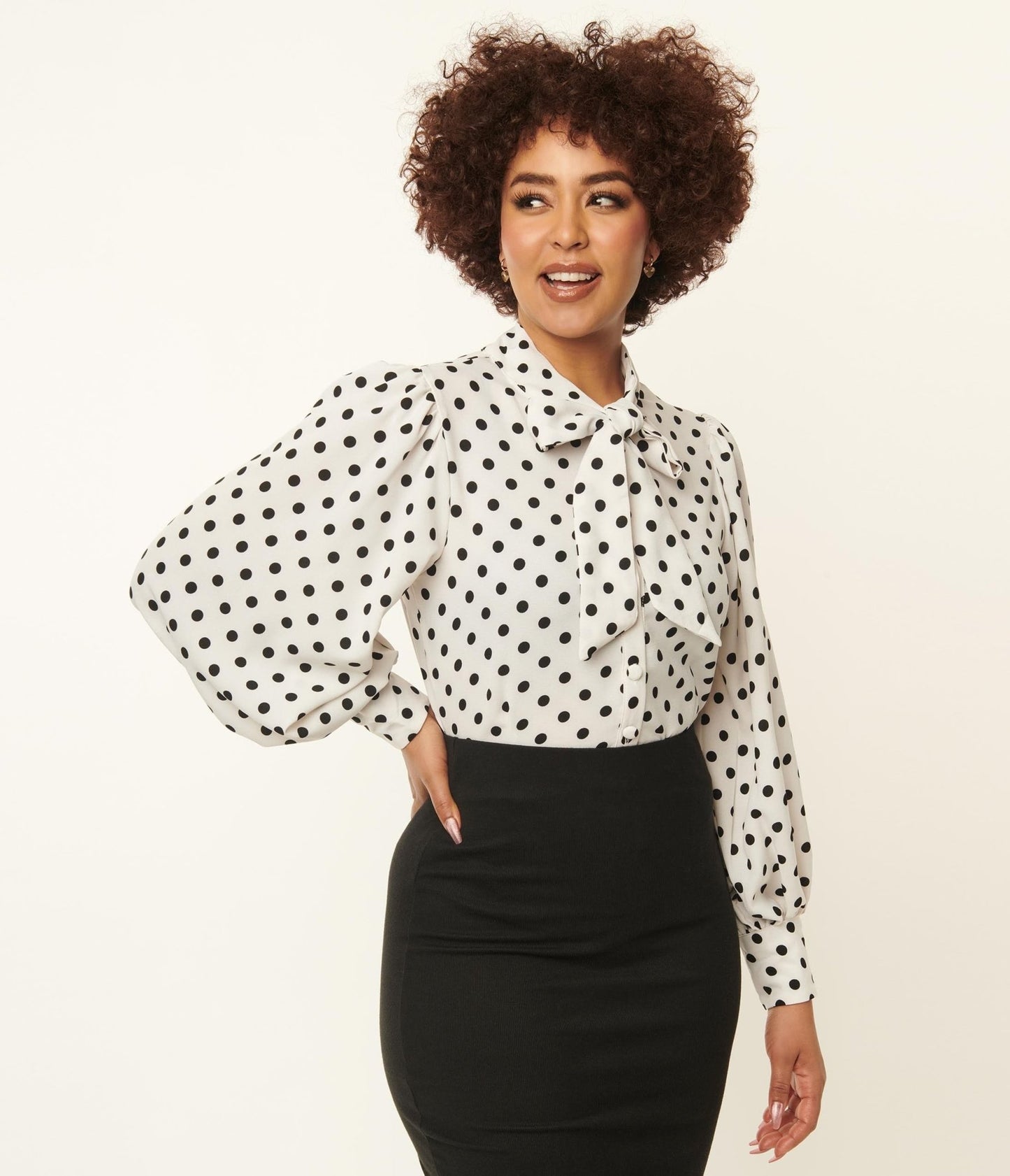 Unique Vintage White & Black Polka Dot Neck Tie Gwen Blouse - Unique Vintage - Womens, TOPS, WOVEN TOPS