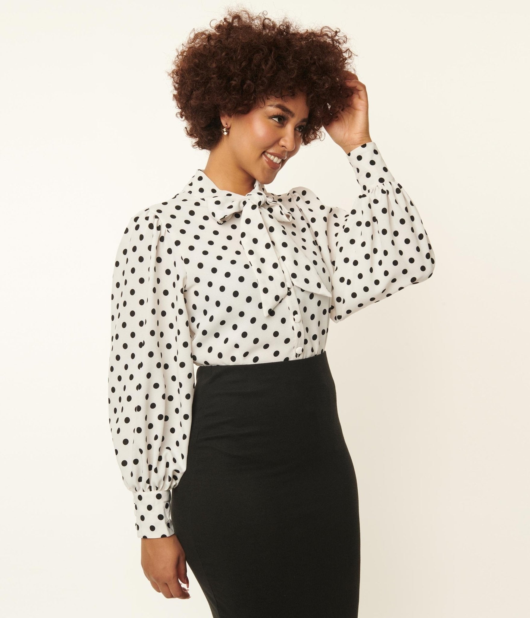 Unique Vintage White & Black Polka Dot Neck Tie Gwen Blouse - Unique Vintage - Womens, TOPS, WOVEN TOPS