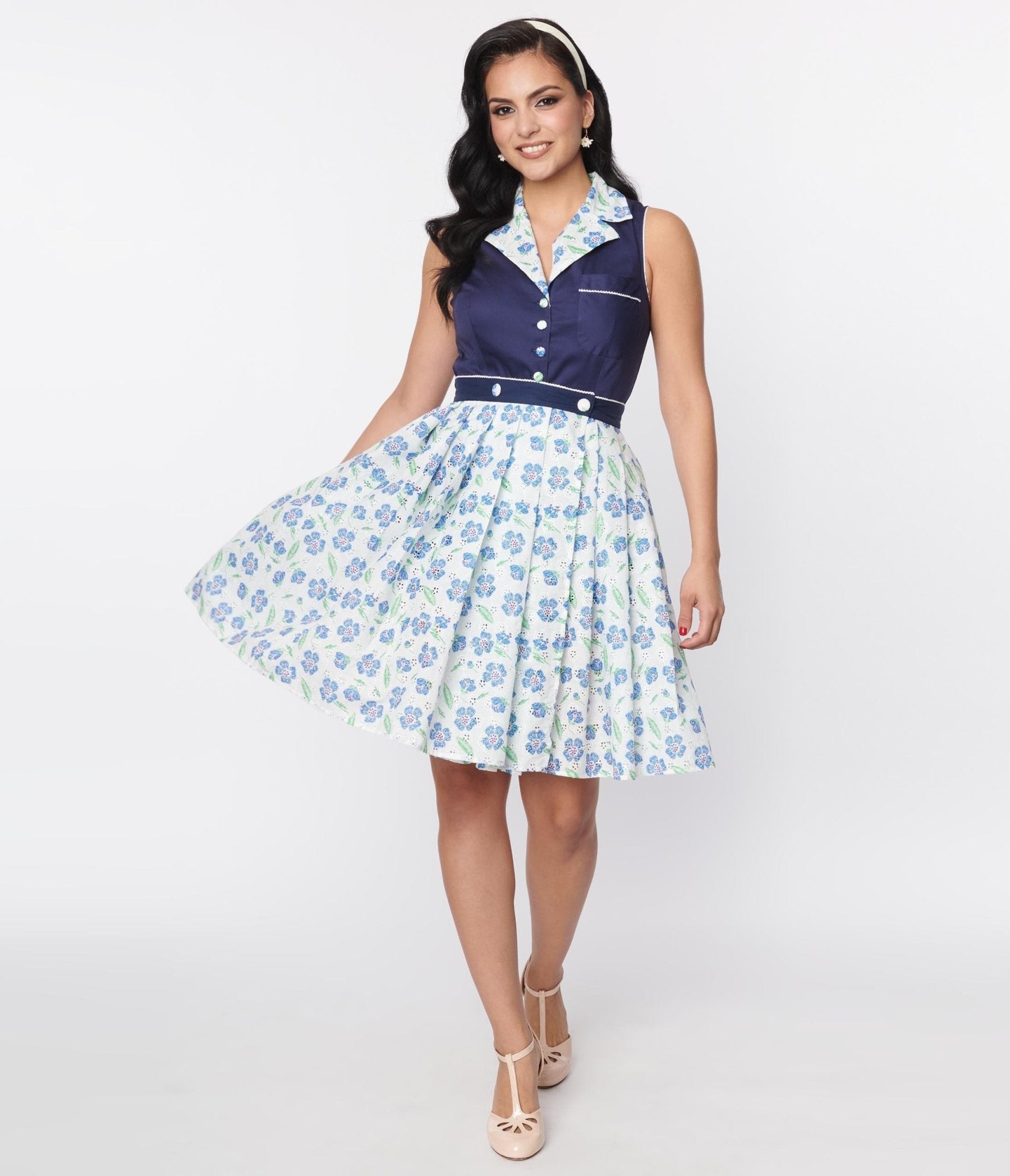 Unique Vintage White Blue Floral Eyelet Collins Wrap Swing Skirt