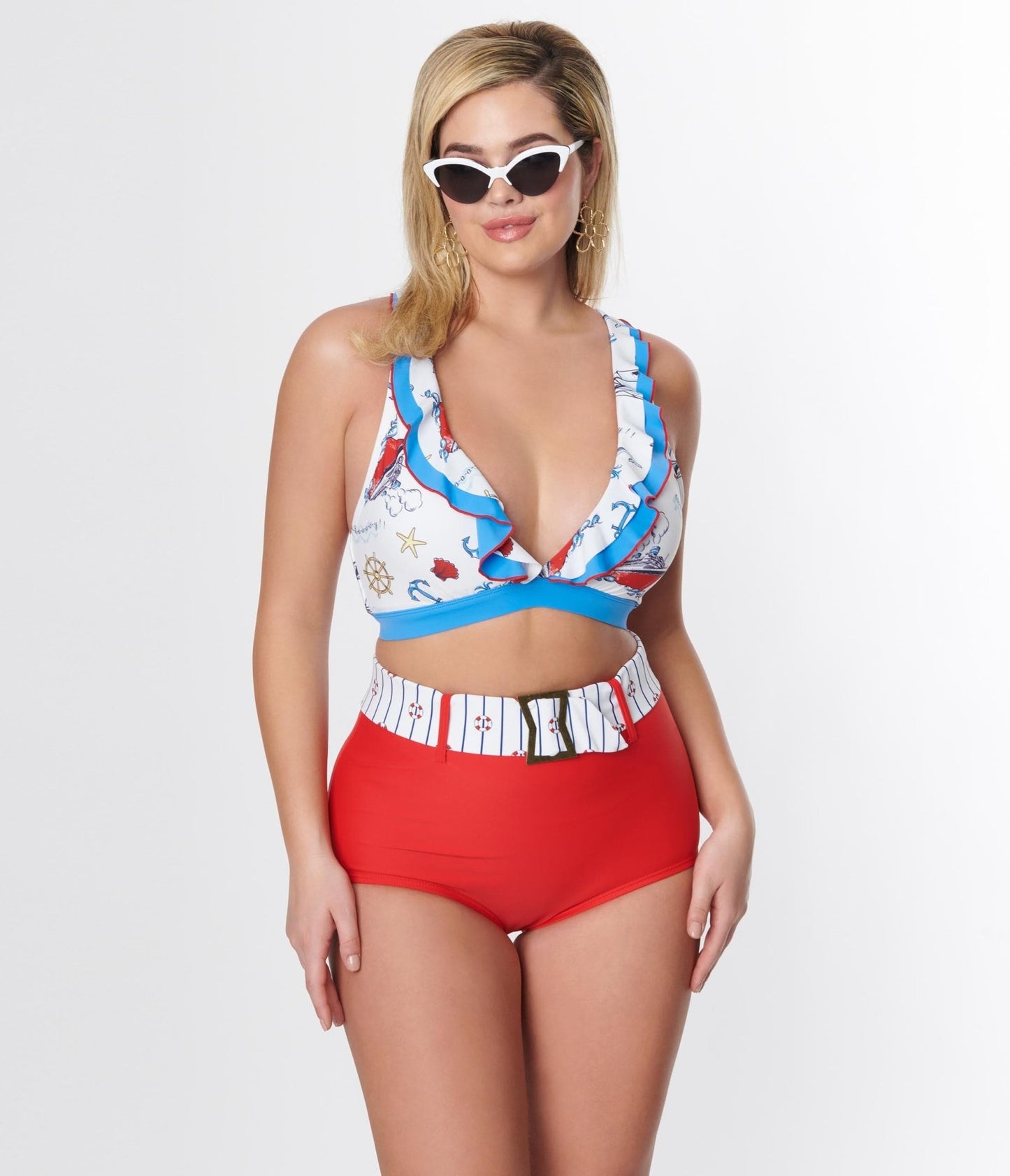 Unique Vintage White & Blue Nautical Print Ruffle Swim Top - Unique Vintage - Womens, SWIM, TOP