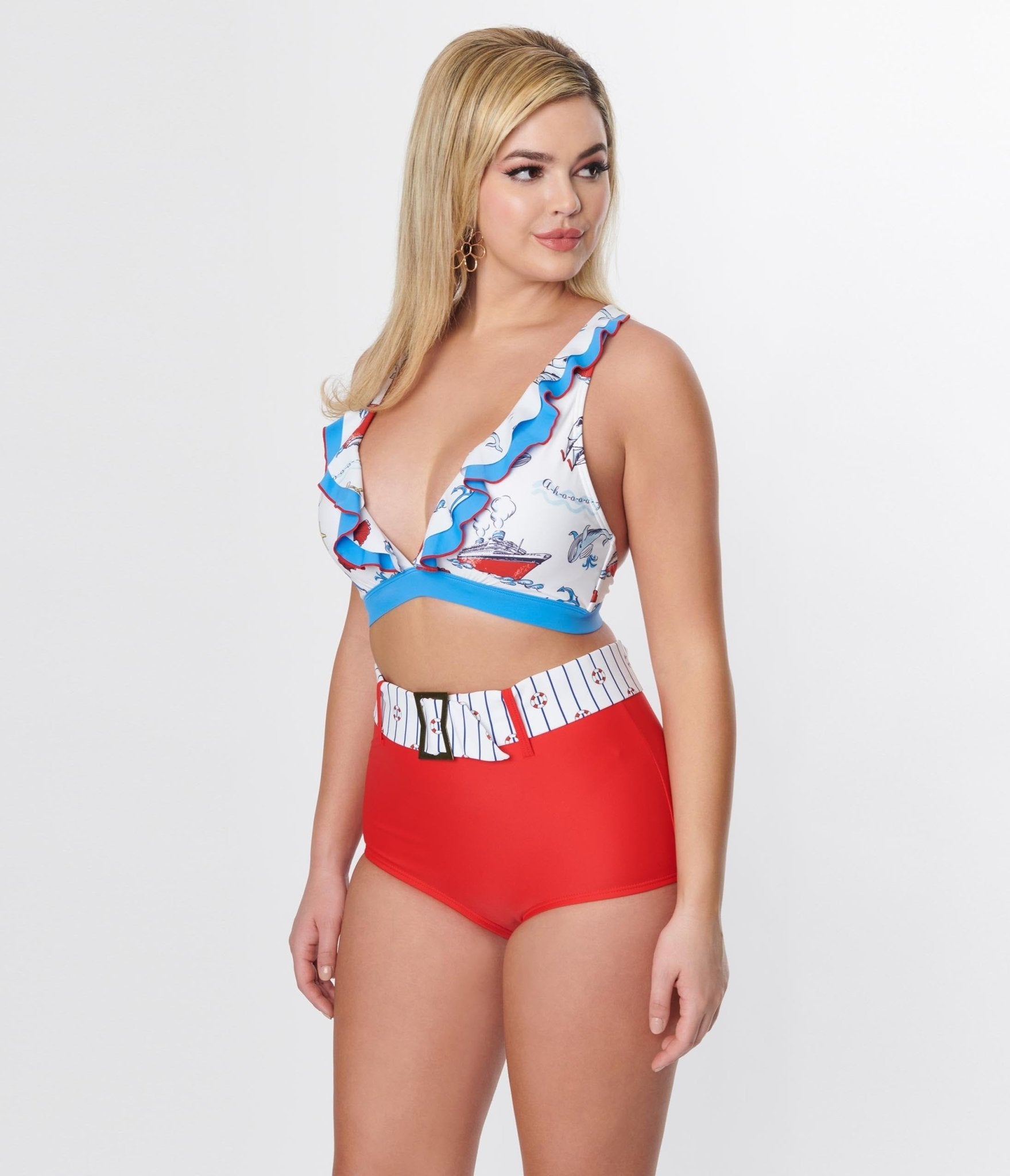 Unique Vintage White & Blue Nautical Print Ruffle Swim Top - Unique Vintage - Womens, SWIM, TOP