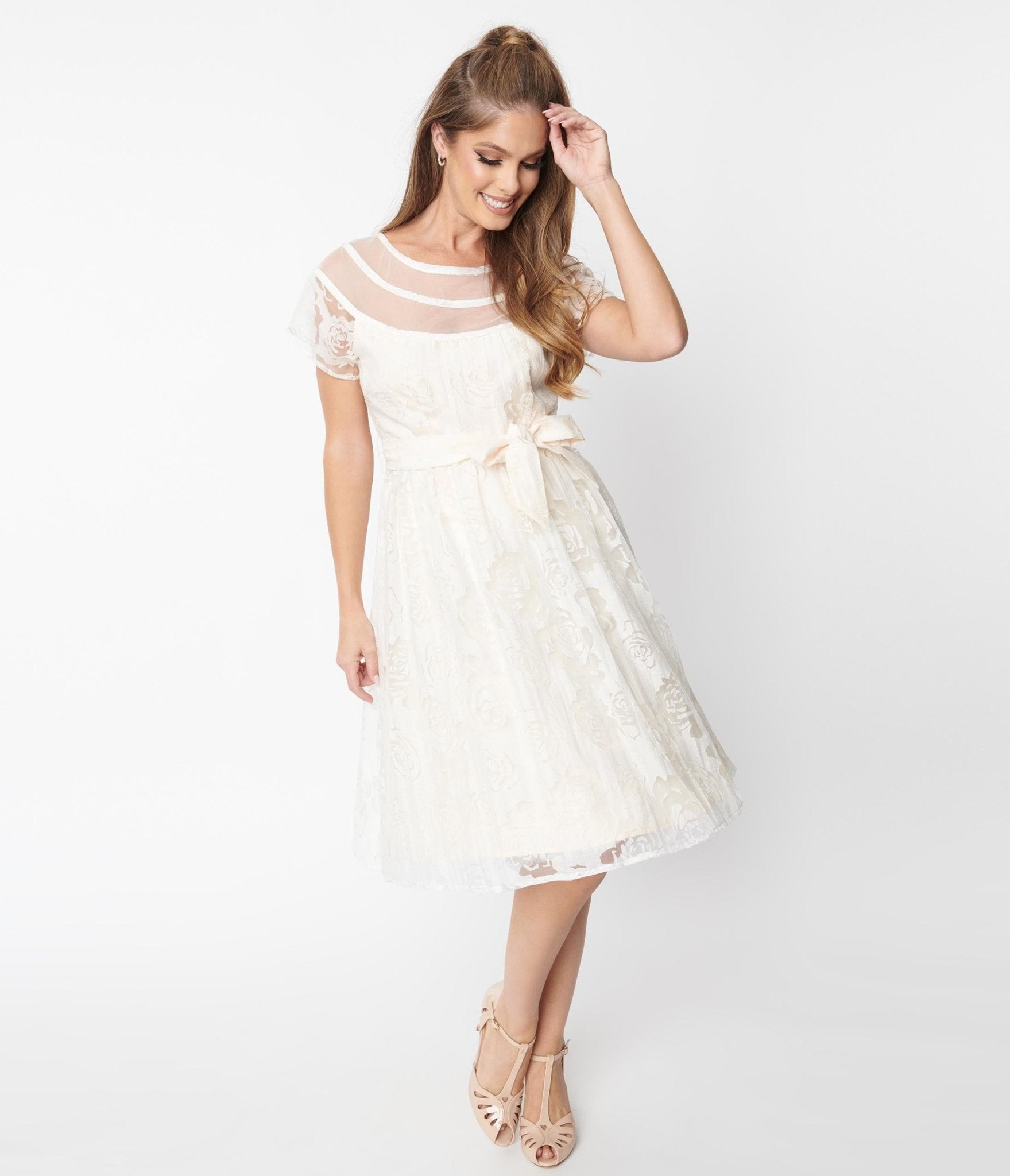 Unique Vintage White Burnout Rose Flare Dress - Unique Vintage - Womens, DRESSES, BRIDAL