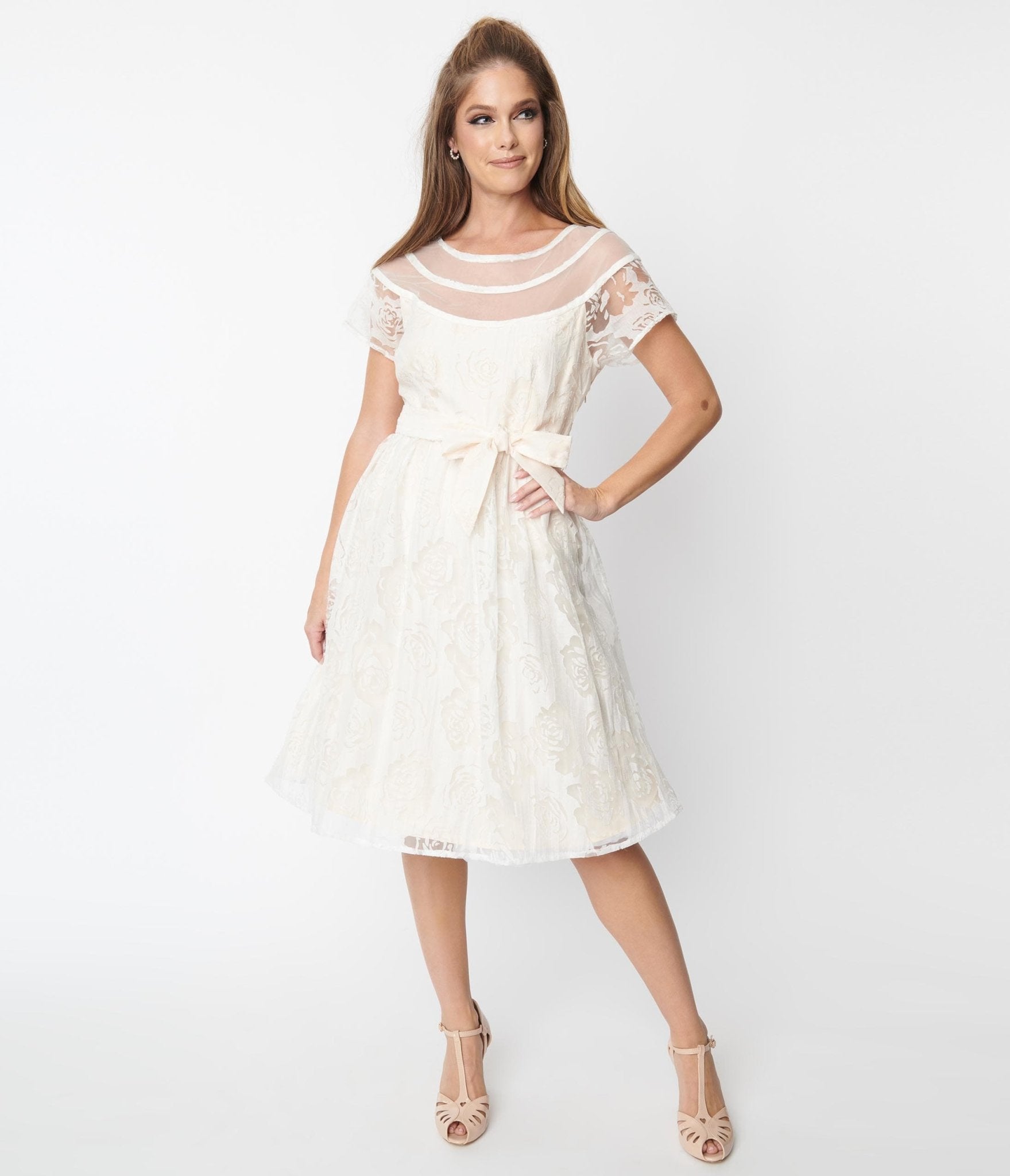 Unique Vintage White Burnout Rose Flare Dress - Unique Vintage - Womens, DRESSES, BRIDAL