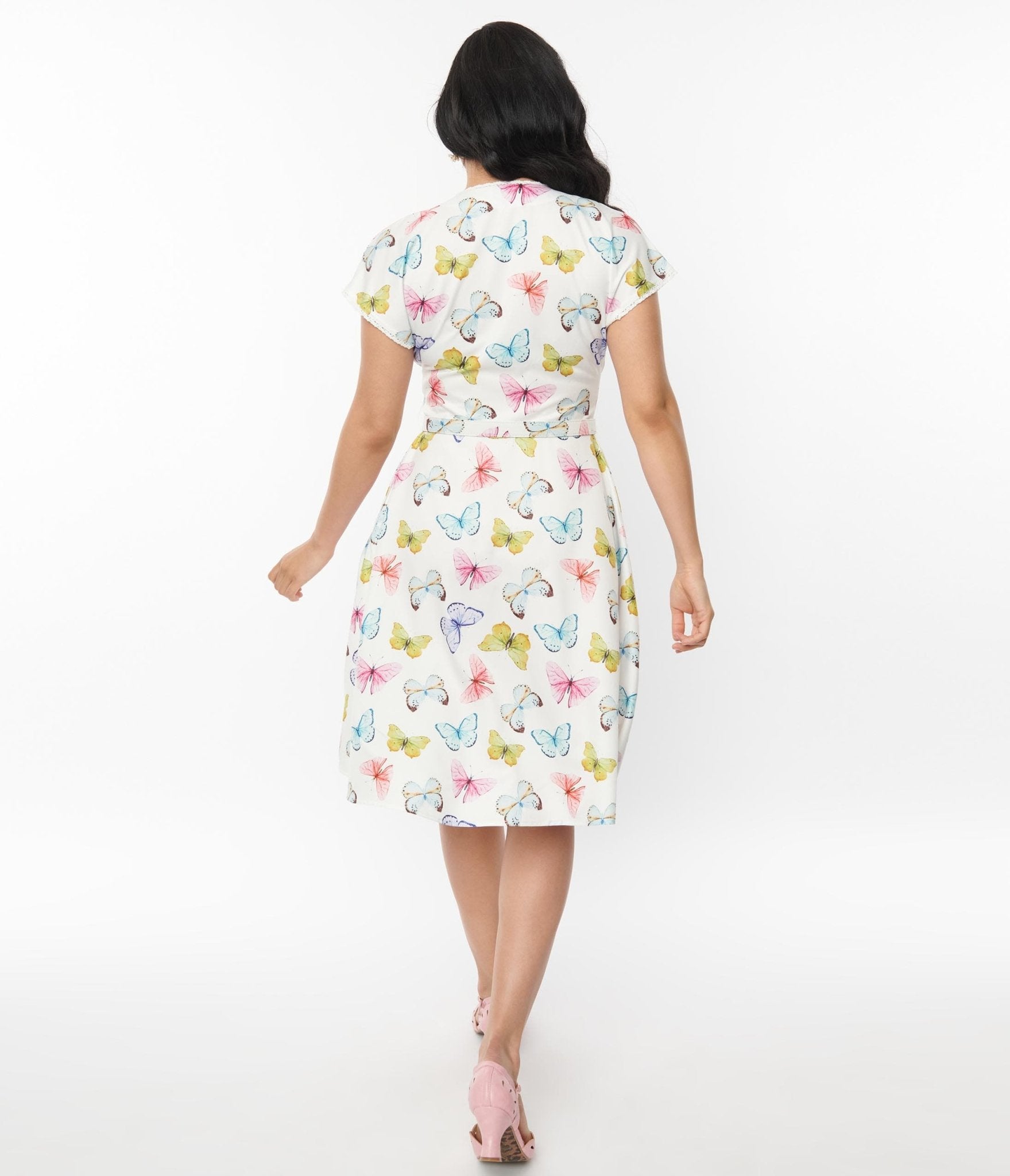 Retro Vintage Unique Vintage White Butterfly Flutter Sleeve Swing Dress Unique Vintage