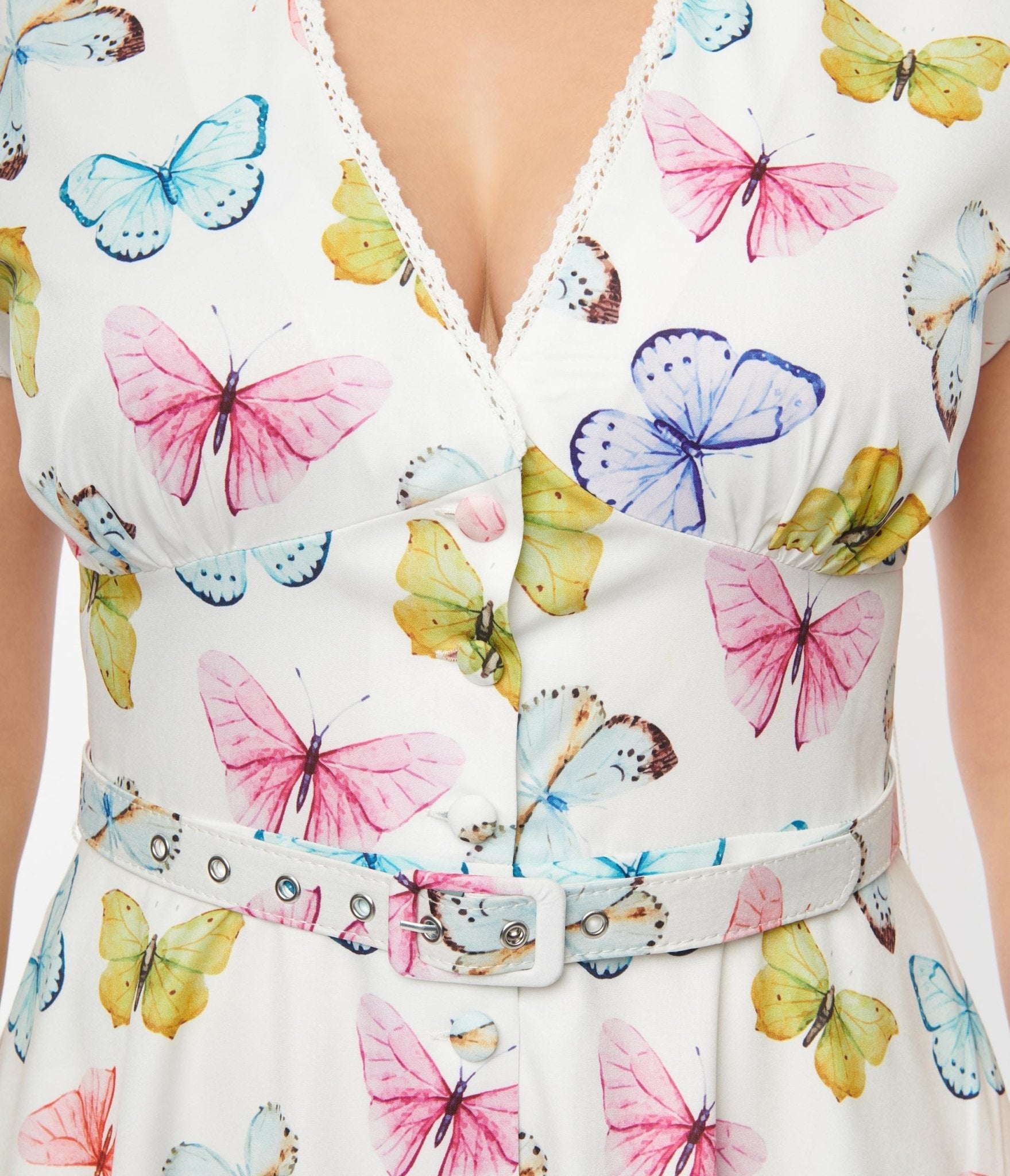 Retro Vintage Unique Vintage White Butterfly Flutter Sleeve Swing Dress Unique Vintage