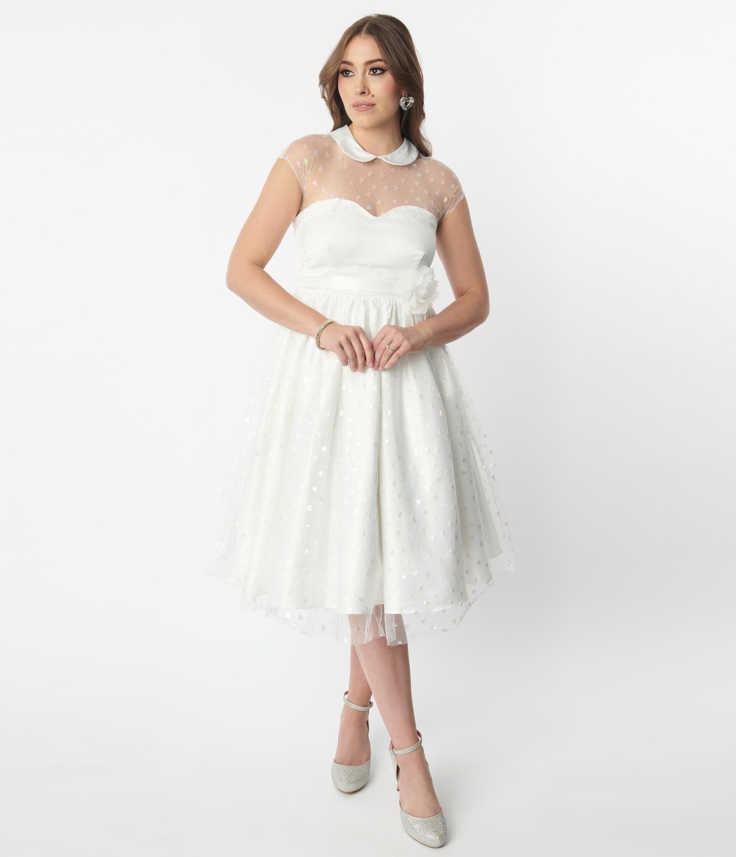 Unique Vintage White & Iridescent Heart Bridal Swing Dress - Unique Vintage - Womens, DRESSES, BRIDAL