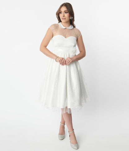 Unique Vintage White & Iridescent Heart Bridal Swing Dress - Unique Vintage - Womens, DRESSES, BRIDAL