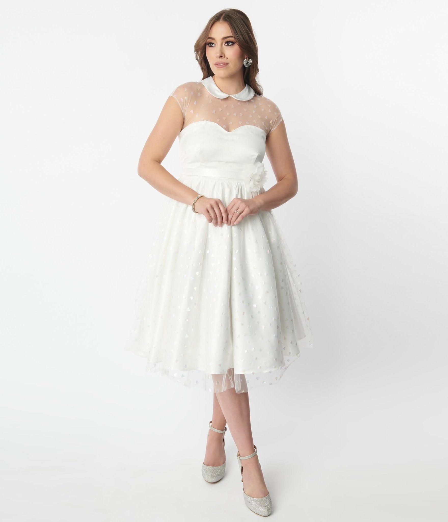 Unique Vintage White & Iridescent Heart Bridal Swing Dress - Unique Vintage - Womens, DRESSES, BRIDAL