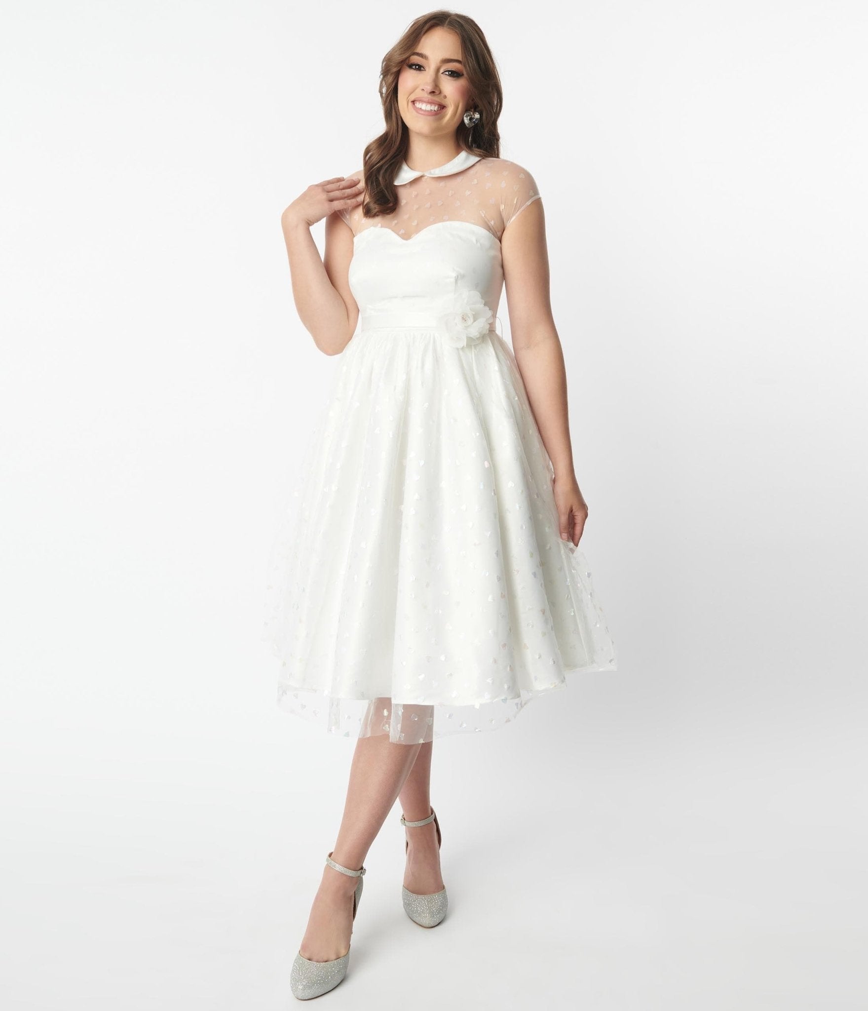 Unique Vintage White & Iridescent Heart Bridal Swing Dress - Unique Vintage - Womens, DRESSES, BRIDAL