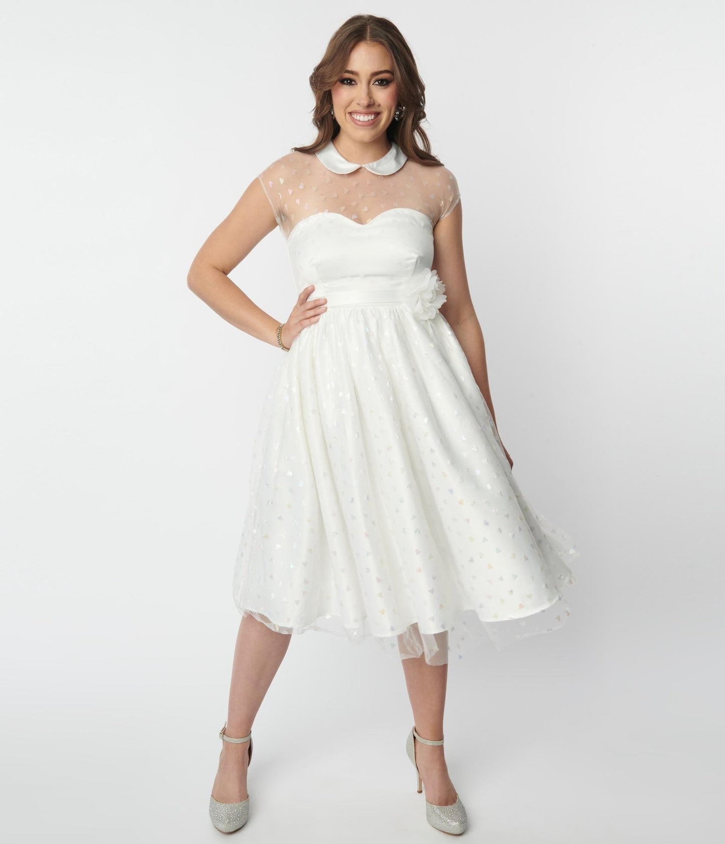 Unique Vintage White & Iridescent Heart Bridal Swing Dress - Unique Vintage - Womens, DRESSES, BRIDAL