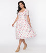 Unique Vintage 1940s White & Multi Hearts Crinkle Libby Swing Dress