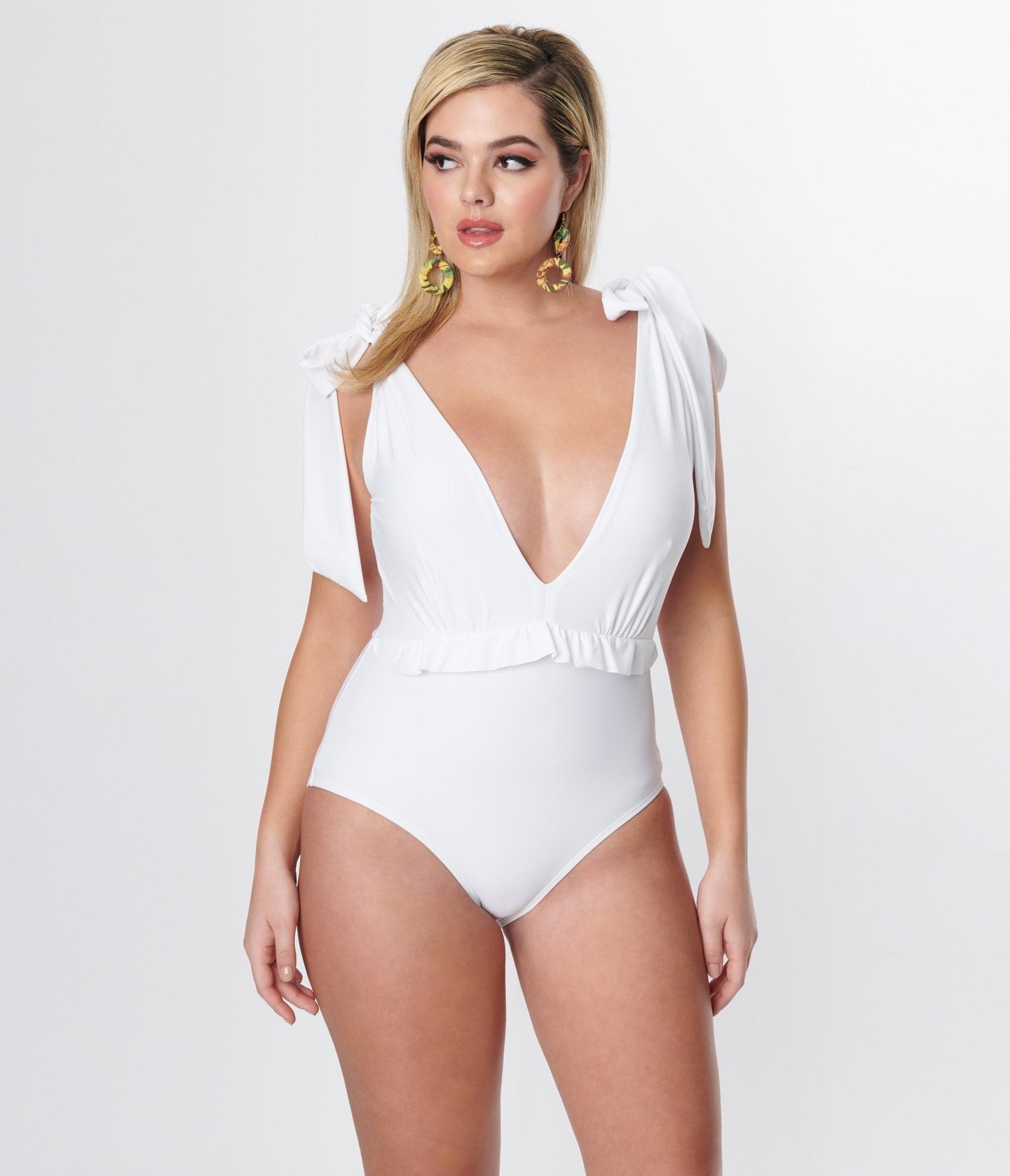 Unique Vintage White Plunge One Piece Swimsuit - Unique Vintage - Womens, SWIM, 1 PC