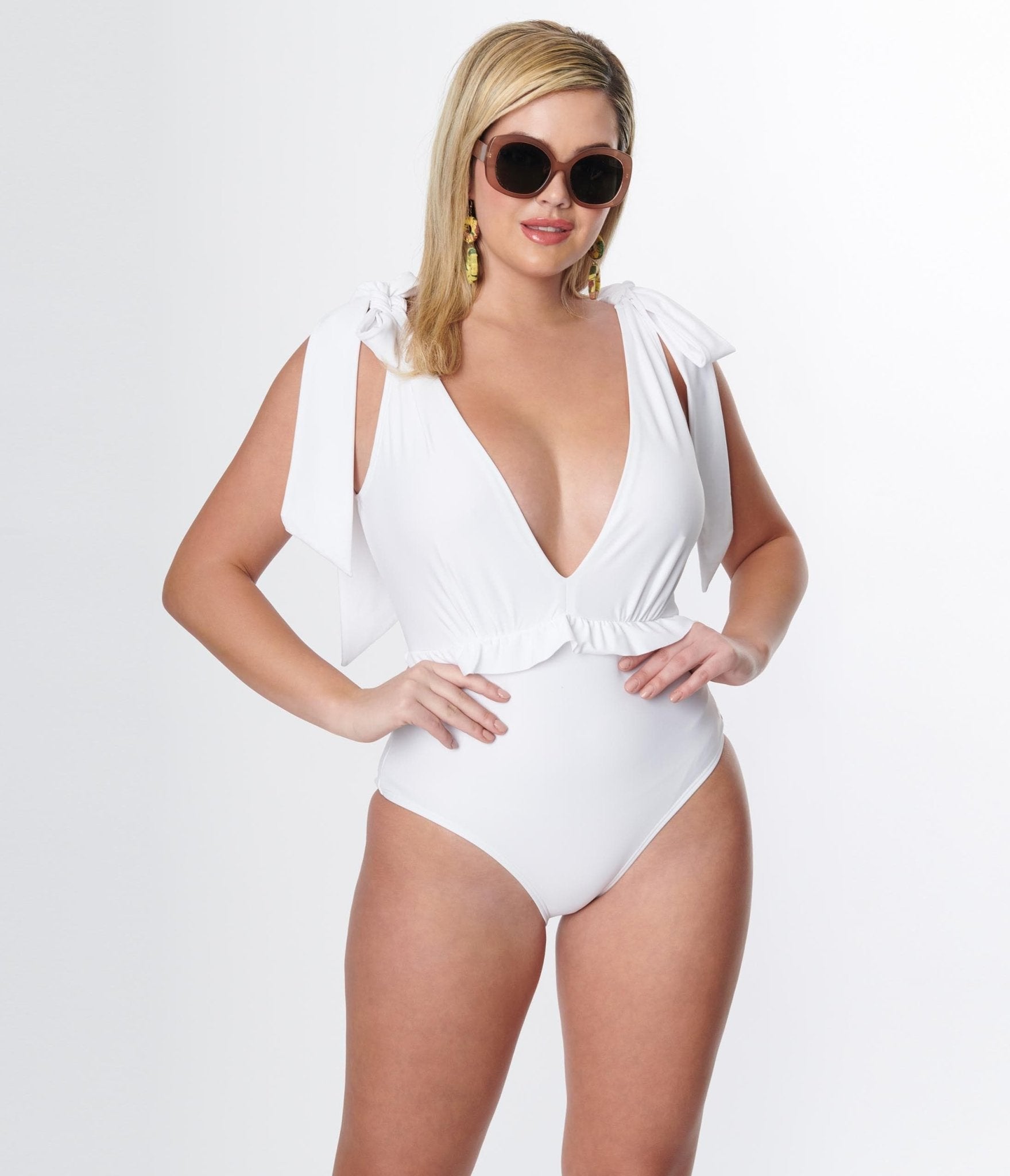 Unique Vintage White Plunge One Piece Swimsuit - Unique Vintage - Womens, SWIM, 1 PC