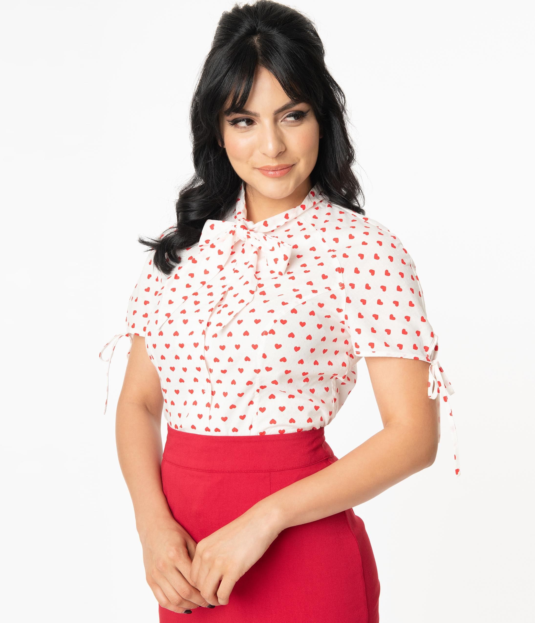 Unique Vintage White & Red Heart Print Chita Blouse - Unique Vintage - Womens, TOPS, WOVEN TOPS