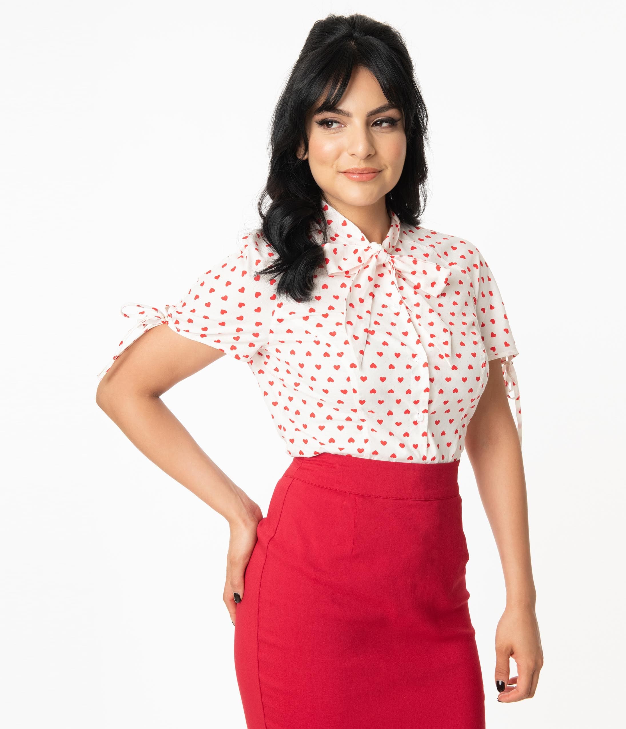 Unique Vintage White & Red Heart Print Chita Blouse - Unique Vintage - Womens, TOPS, WOVEN TOPS