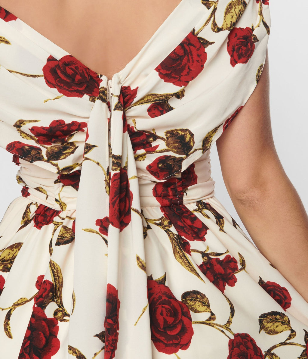 Unique Vintage White & Red Roses Off Shoulder Tea Length Dress - Unique Vintage - Womens, DRESSES, PROM AND SPECIAL OCCASION