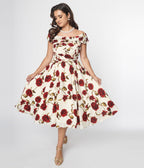 Unique Vintage White & Red Roses Off Shoulder Tea Length Dress - Unique Vintage - Womens, DRESSES, PROM AND SPECIAL OCCASION