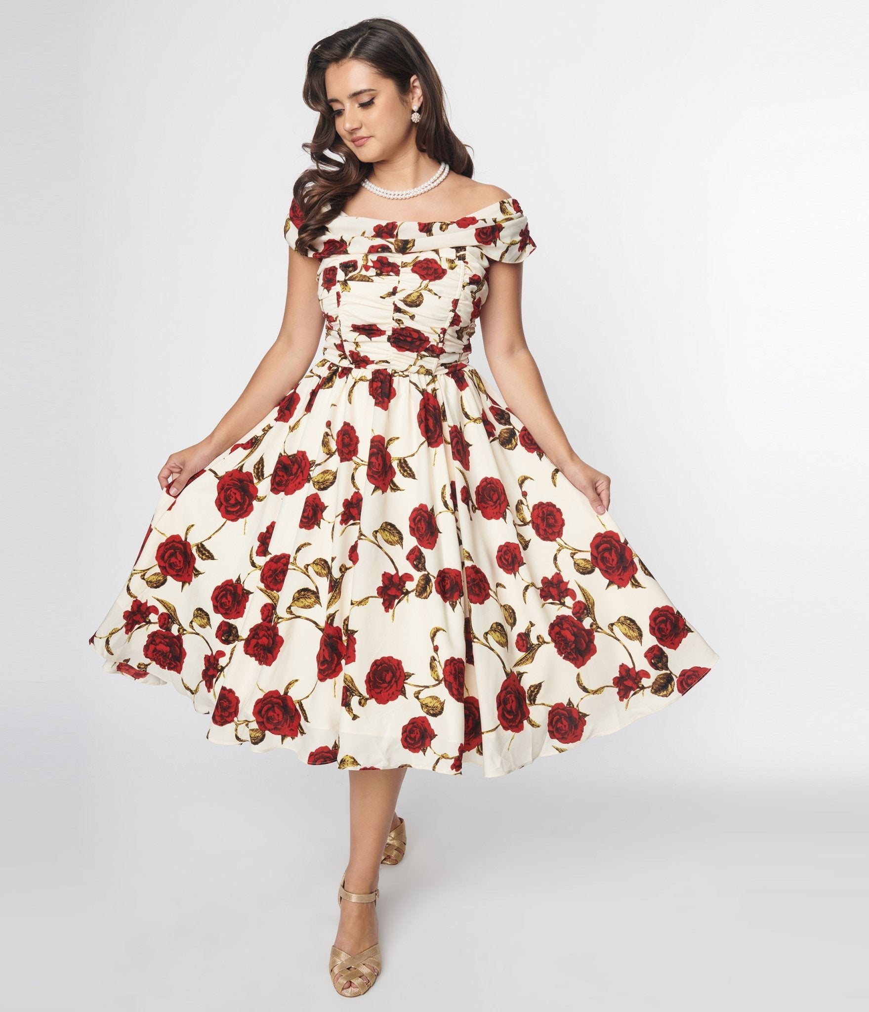 Unique Vintage White & Red Roses Off Shoulder Tea Length Dress - Unique Vintage - Womens, DRESSES, PROM AND SPECIAL OCCASION
